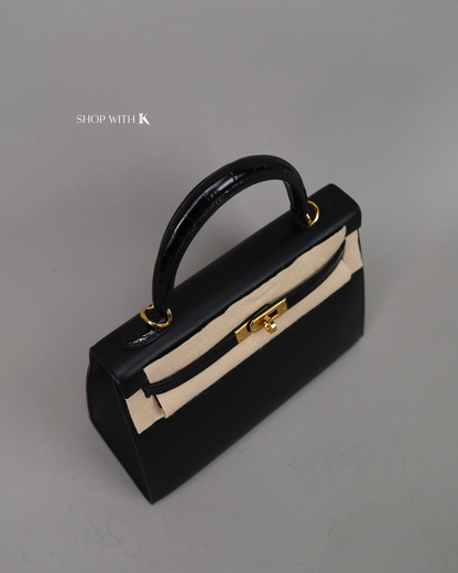 Hermes Kelly 25 Noir Croc Touch GHW