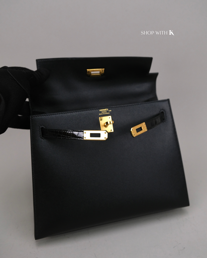Hermes Kelly 25 Noir Croc Touch GHW