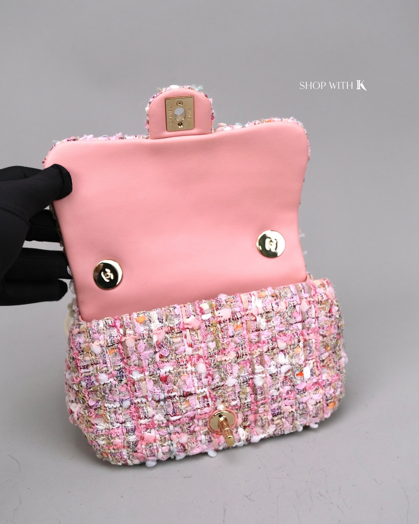 Chanel Tweed Pearl Handle Pink Flap