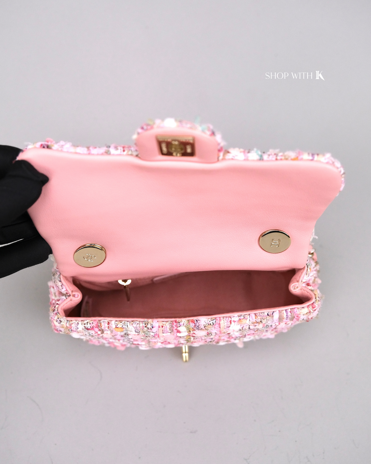 Chanel Tweed Pearl Handle Pink Flap