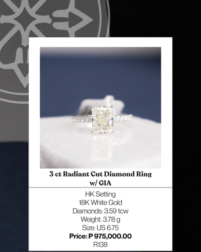 3ct Radiant Cut Diamond Ring w/ GIA