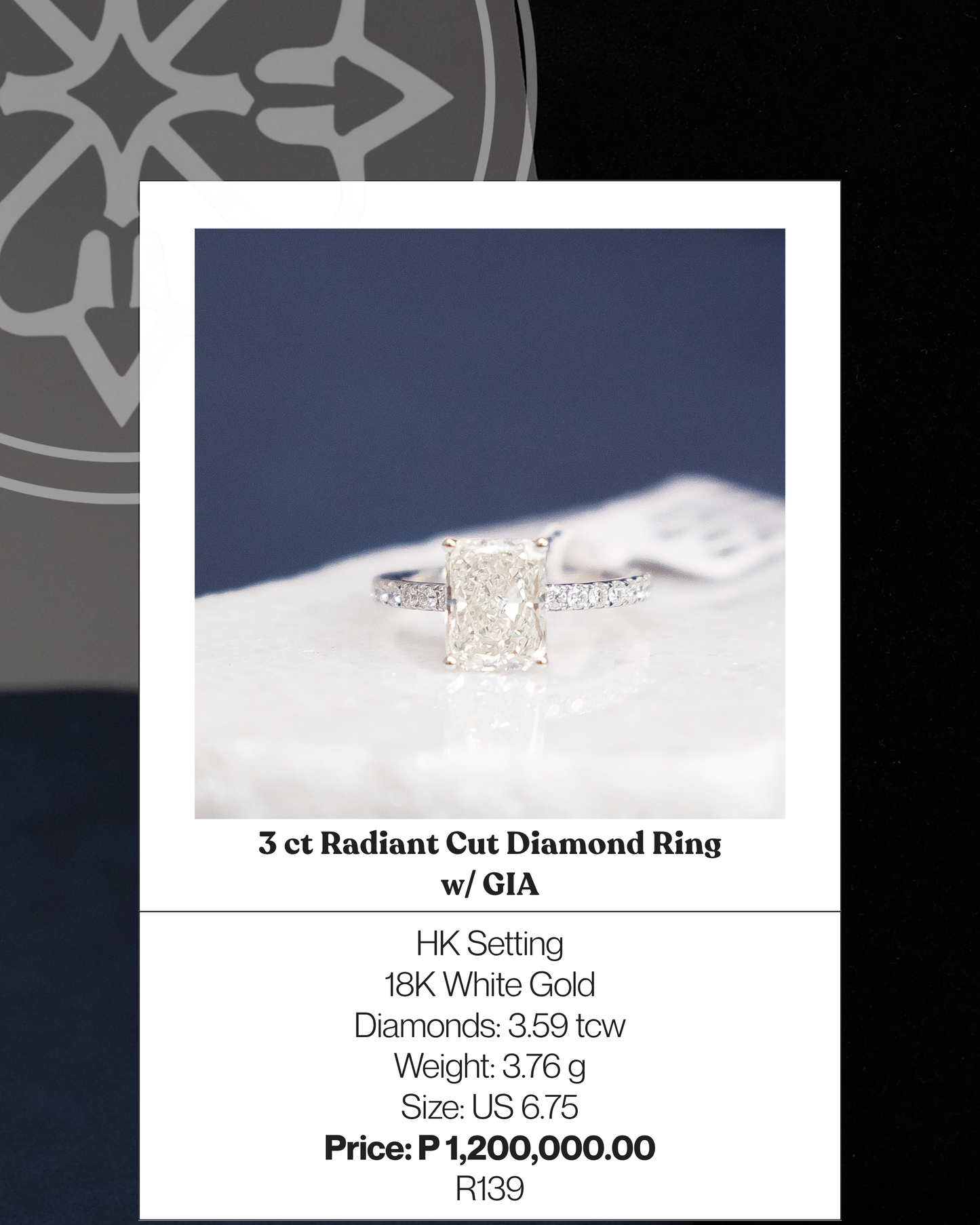 3ct Radiant Cut Diamond Ring w/ GIA