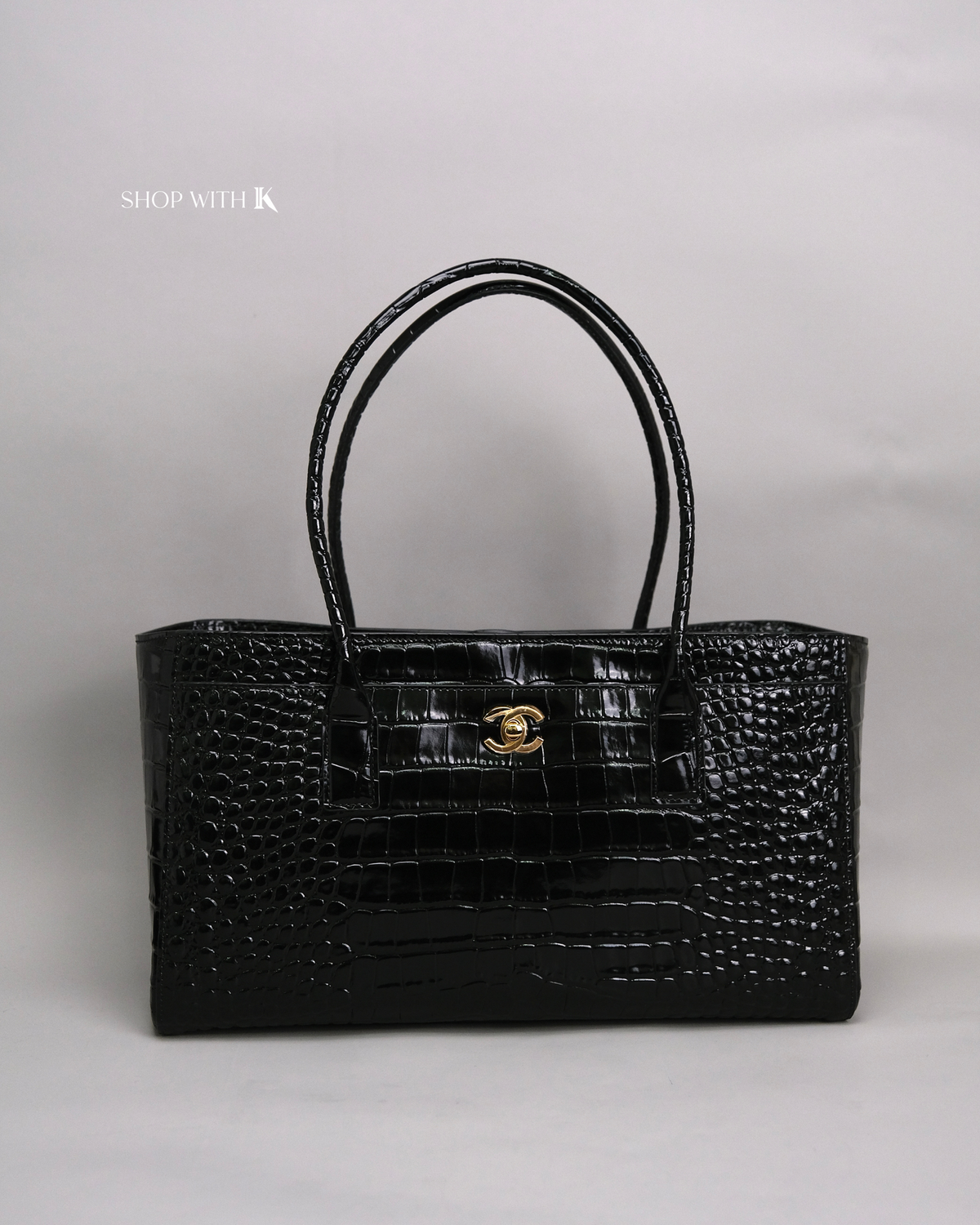 Chanel Cerf Tote Croc Stamp Medium Black GHW