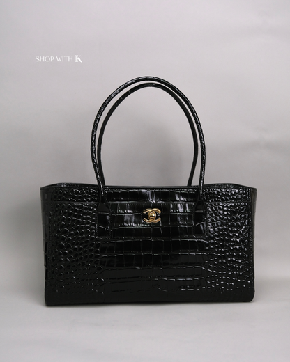 Chanel Cerf Tote Croc Stamp Medium Black GHW