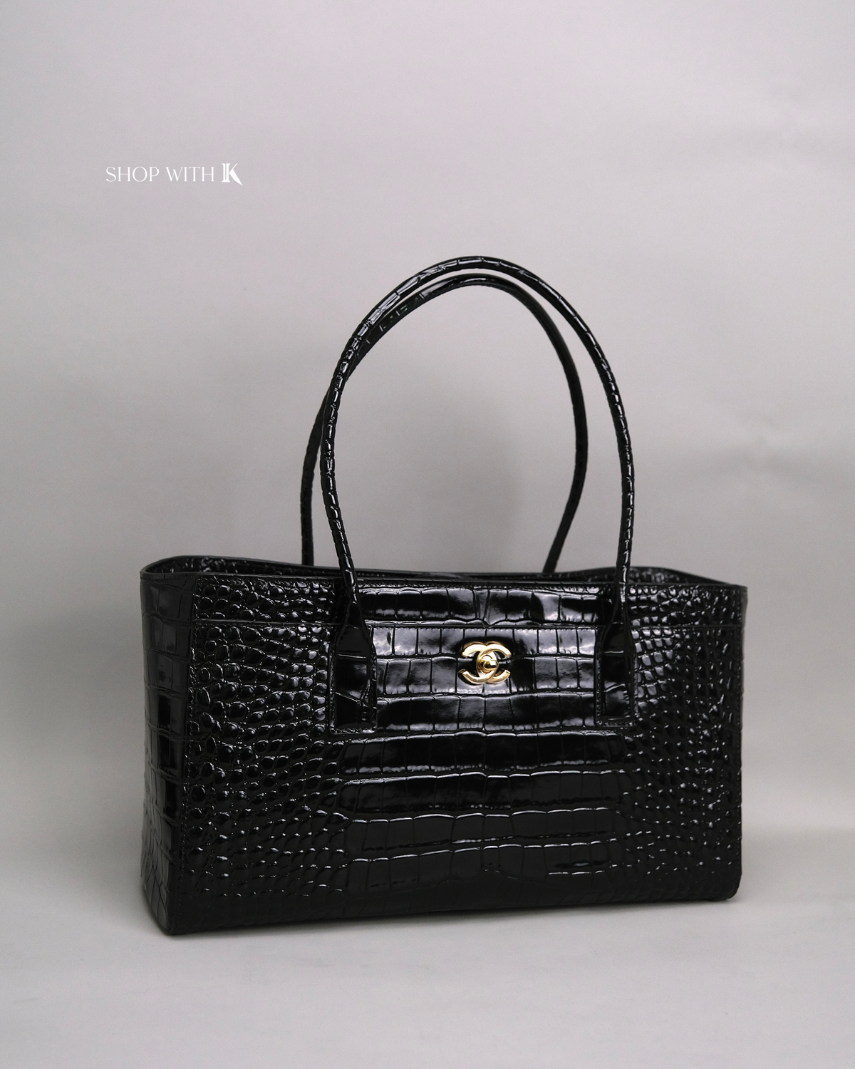 Chanel Cerf Tote Croc Stamp Medium Black GHW