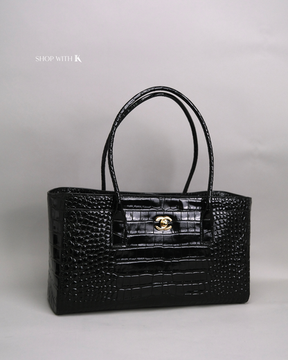 Chanel Cerf Tote Croc Stamp Medium Black GHW
