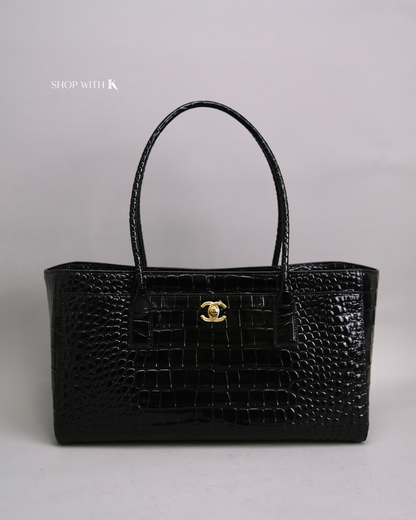 Chanel Cerf Tote Croc Stamp Black GHW
