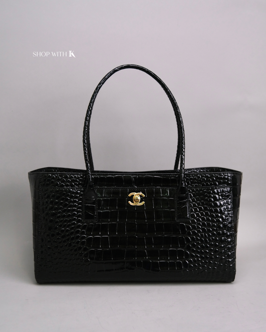 Chanel Cerf Tote Croc Stamp Black GHW