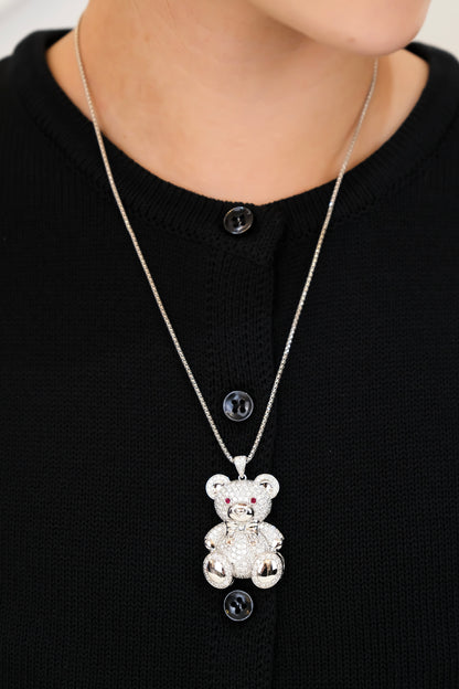 Diamond Teddy Bear Pendant w/ Chain